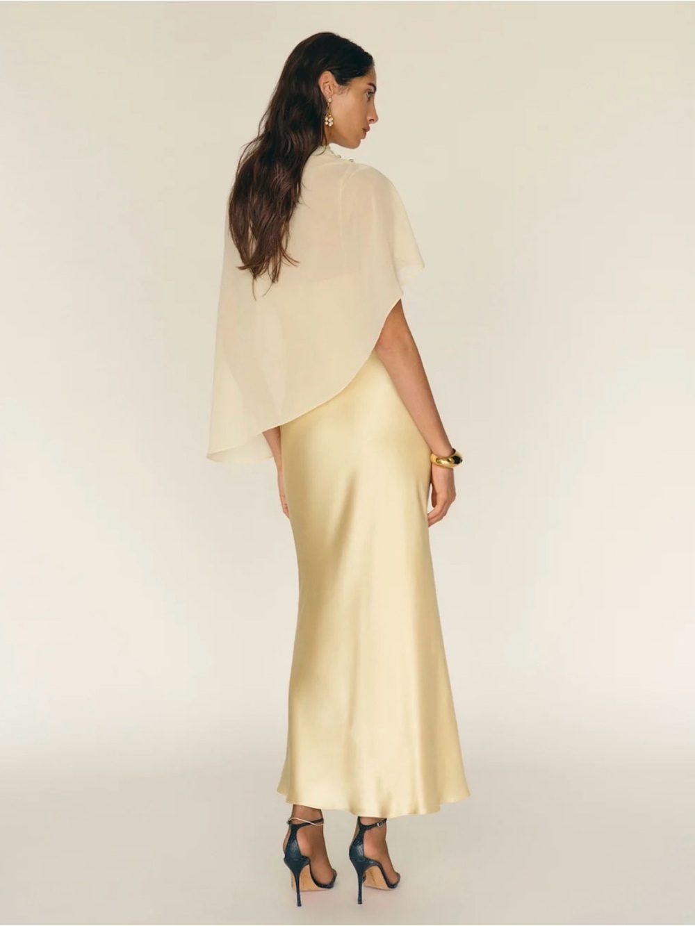 Reformation Butter Yellow 100% Silk Maxi Dress with Sheer Cape - Picture 3 of 4